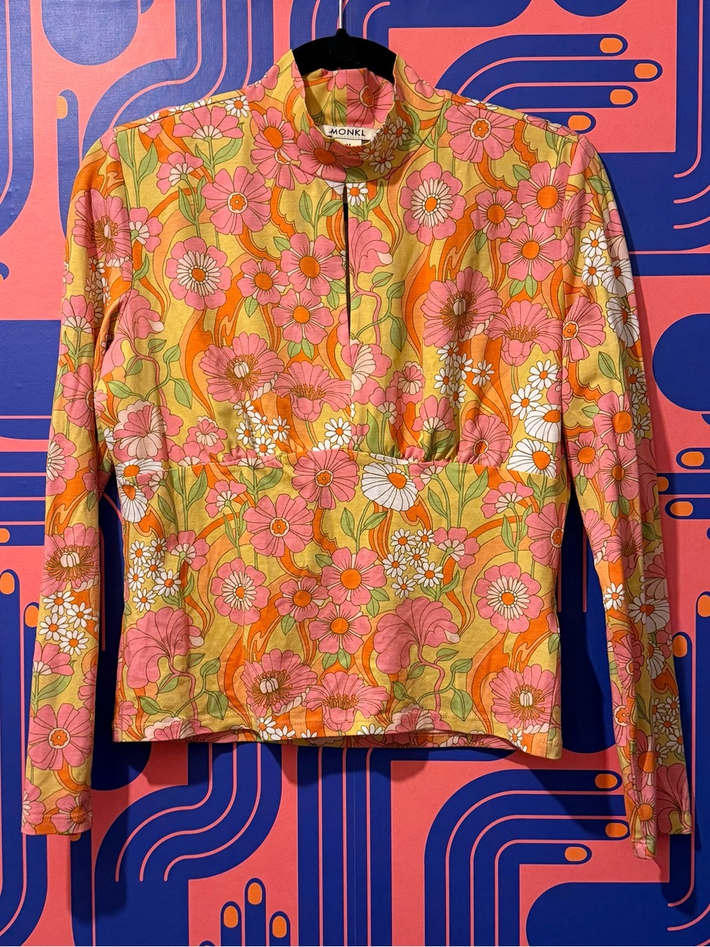 Monki Pink & Orange Floral 70s Key Hole Long Sleeve Top